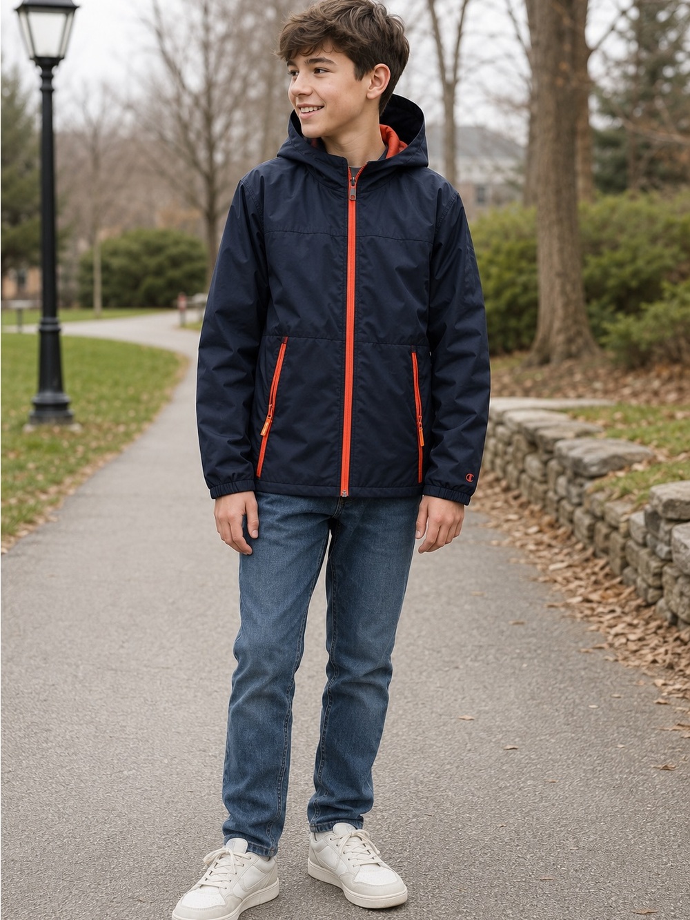 Champion Youth Boys Large 12/14 Navy Blue Hooded Jacket Orange Zip Accents